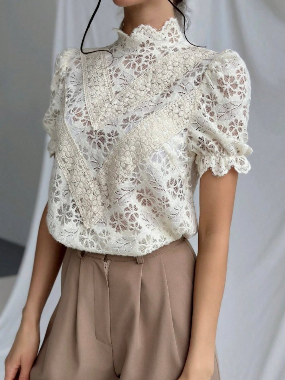 Elegant Women's Texture Semi Sheer Fabric puffed Bubble Sleeves Shirt top - Picture 5 of 6
